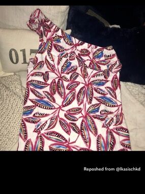 J. Crew One-Shoulder Leaf Print Dress in Pink, Blue, Green